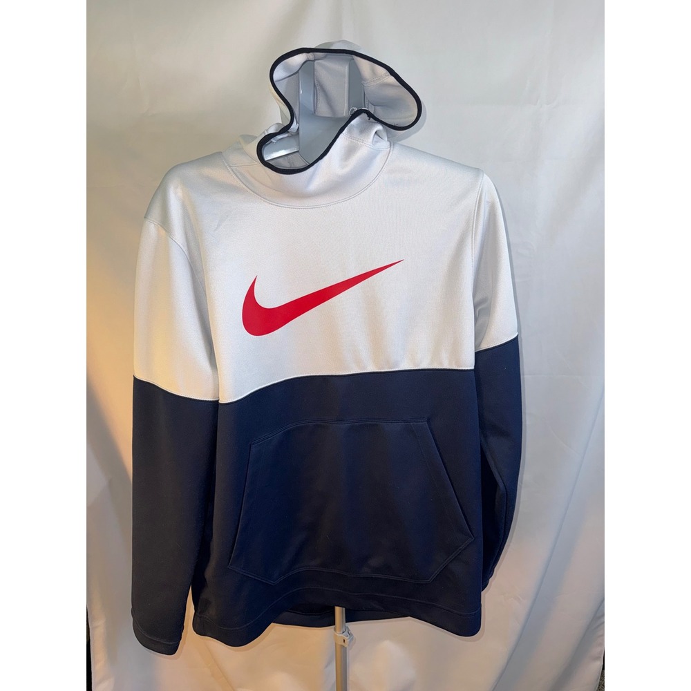 Nike Mens Dri-FIT Colorblock Hoodie White Navy Blue Red Swoosh Large Pullover